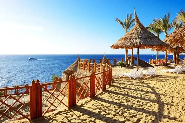 Red Sea resort beach with thatched umbrellas, white sun loungers and palm trees overlooking deep blue water in Egypt