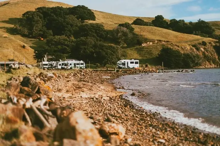 Campervans parked along a pebbly bay below golden New Zealand hills, a coastal overnight spot worth checking for local camping rules and fees