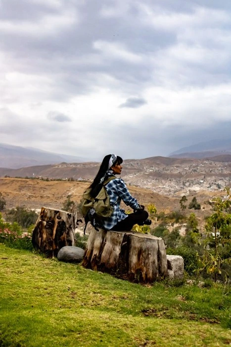 Solo female traveler in a plaid shirt and headscarf sitting on a tree stump with a green backpack, looking out at hills under a cloudy sky