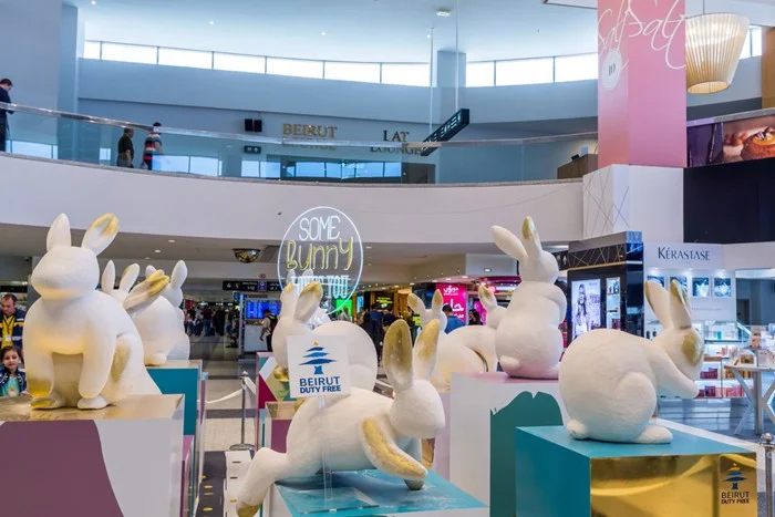 Duty-free shopping area inside Beirut-Rafic Hariri International Airport, the main arrival point for travel to Lebanon, decorated with white rabbit sculptures