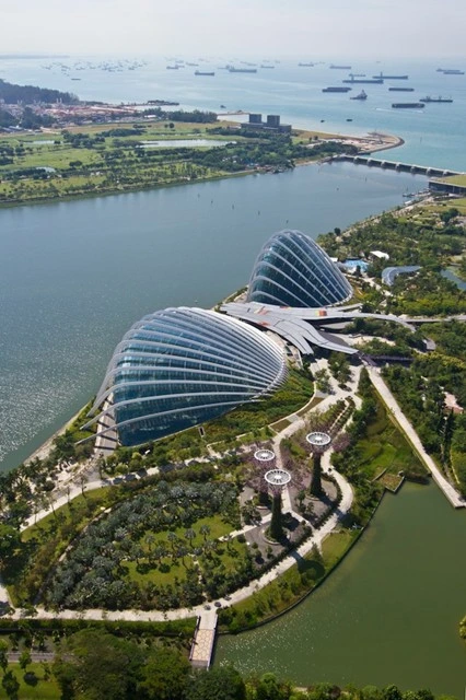 An aerial view of the Flower Dome and Cloud Forest conservatories at Gardens by the Bay, with gardens and Supertrees below and ships dotting the sea beyond the Singapore waterfront