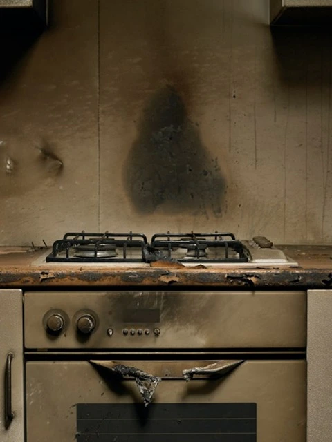 Fire-damaged kitchen with a scorched backsplash, melted oven handle, and soot-covered stove, showing why smoke cleanup takes expert help