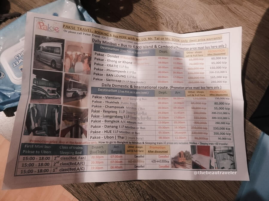 The flyer with the list of prices for the bus from Pakse to various destinations. 