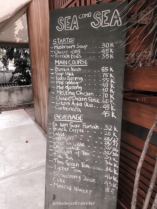 Menu and price at Sea Como Sea Cafe.