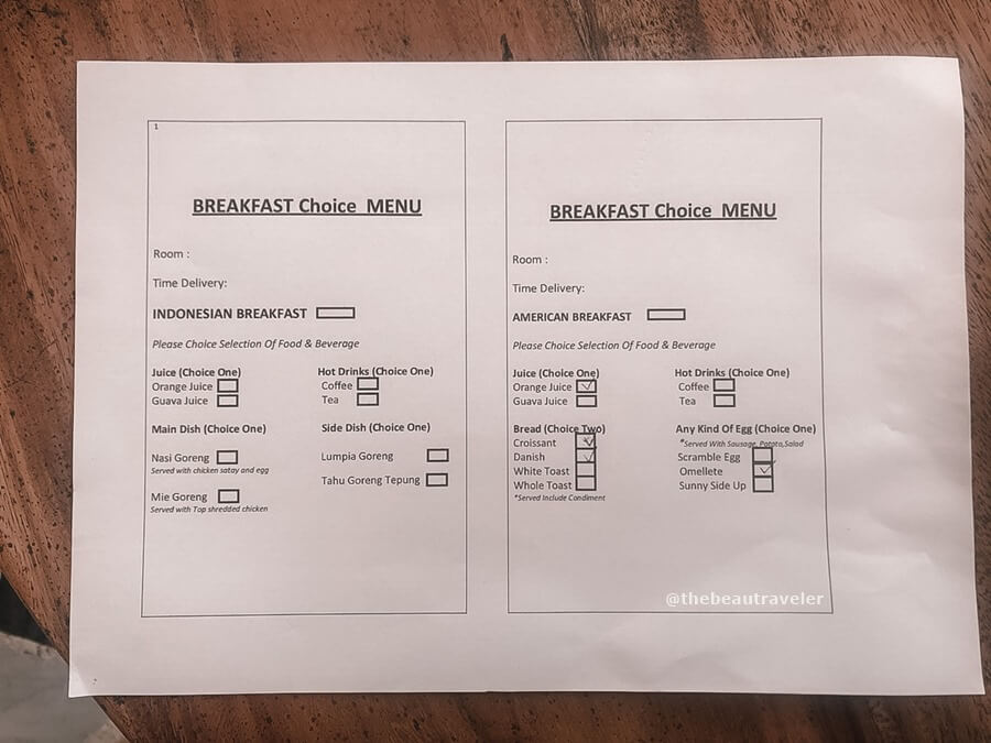 Breakfast menu at Blackbird Hotel.