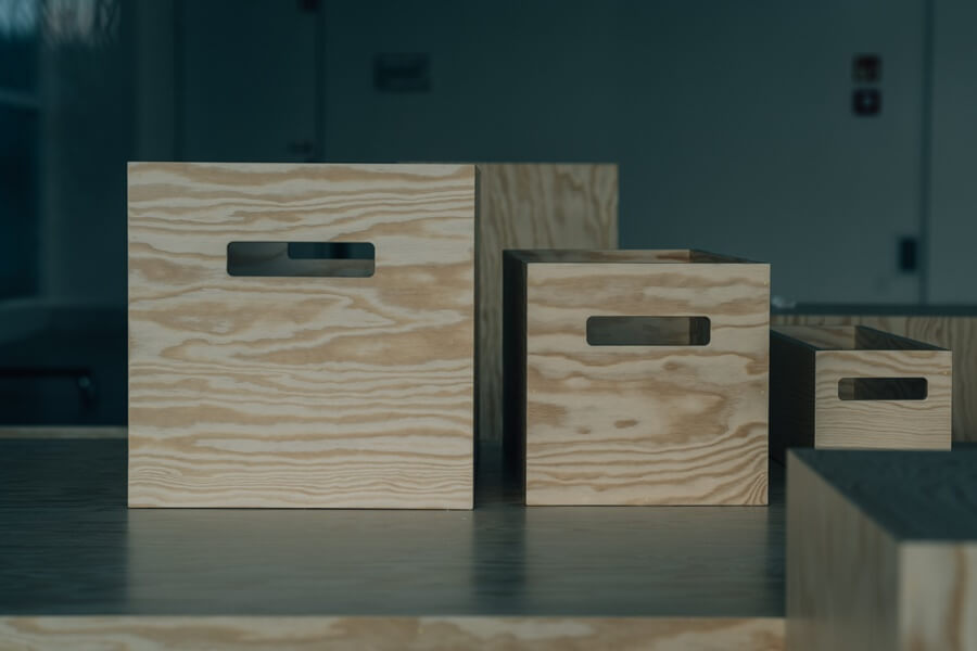 wooden boxes on a table. 