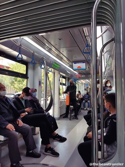 Inside the tram in Izmir, Turkey.