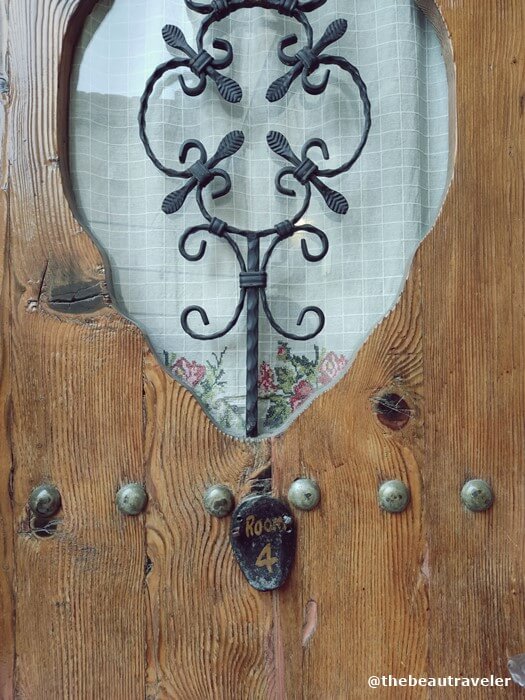 The bedroom door at a budget-friendly cave hotel in Cappadocia, Turkey.