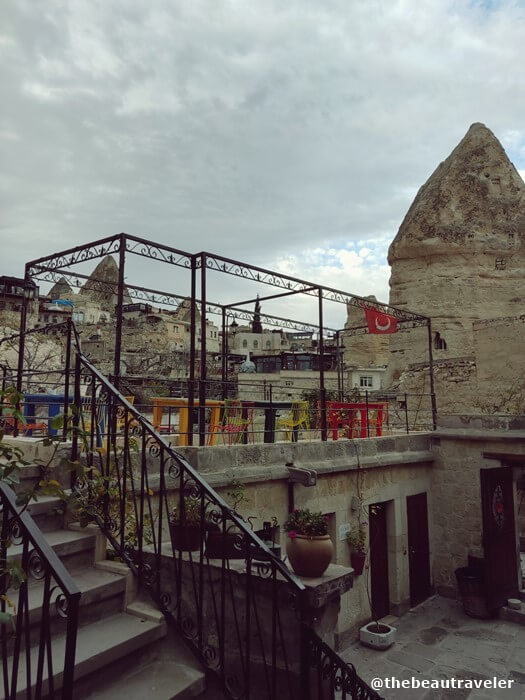 The terrace at The Dorm Cave by Travellers in Cappadocia, Turkey.