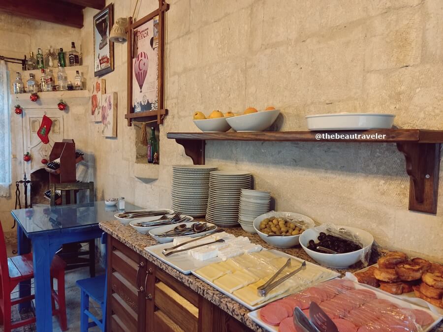 The buffet breakfast at The Dorm Cave by Travellers in Goreme, Cappadocia. 