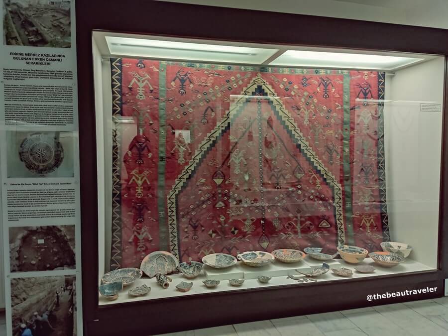 The traditional carpet and ceramics from the ethnography section at Edirne Museum.