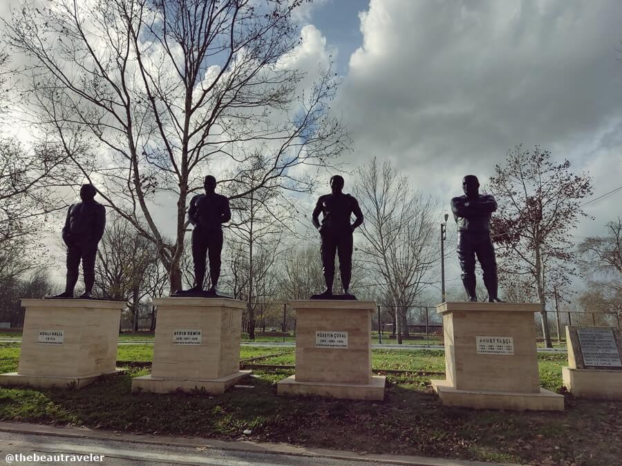 The statue of the pehlivan, the oil wrestlers in Edirne, Turkey.