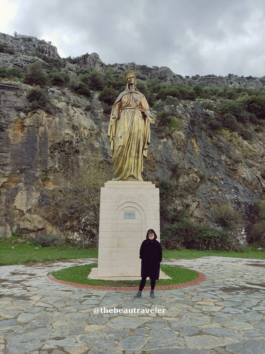Me in front of the bronze statue of the Virgin Mary in Ephesus, 2021.
