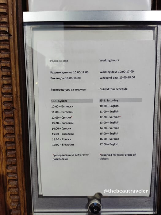 The schedule to guided tours at Nikola Tesla Museum in Belgrade, Serbia.