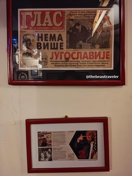 Some torn newspaper about Yugoslavia at Kafana Pavle Korcagin.