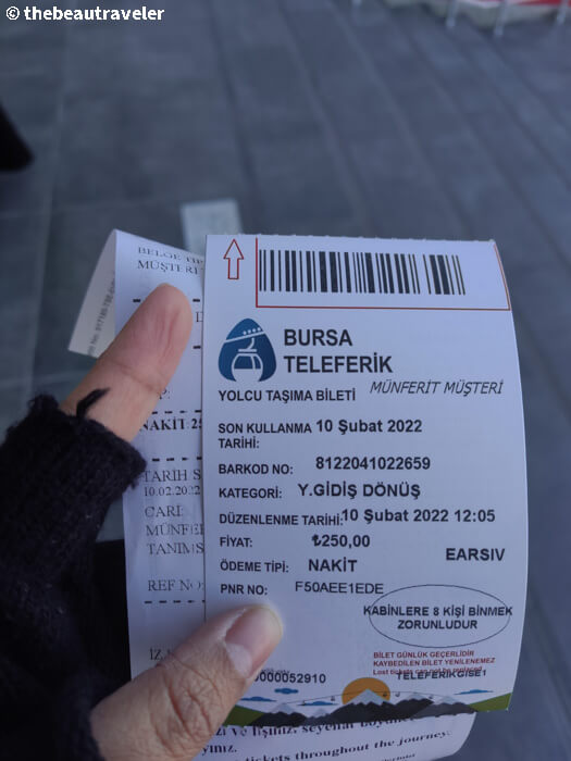 The ticket for Bursa teleferik ride to Uludag.