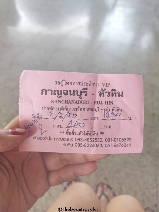 The bus ticket from Kanchanaburi to Hua Hin in Thailand.