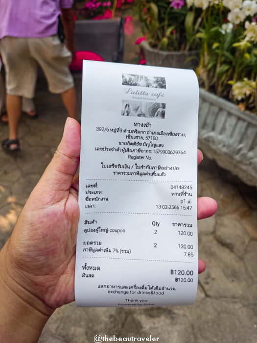 The entrance ticket at Lalitta Cafe in Chiang Rai, Thailand.