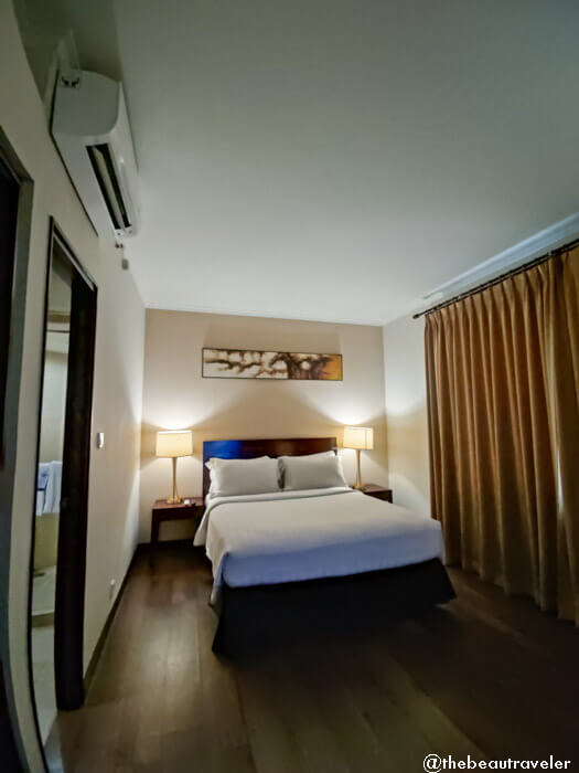 Queen deluxe room at Grand Dafam Ancol in Jakarta, Indonesia.