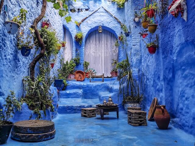 The blue painted building in Chefchaouen, Morocco. 