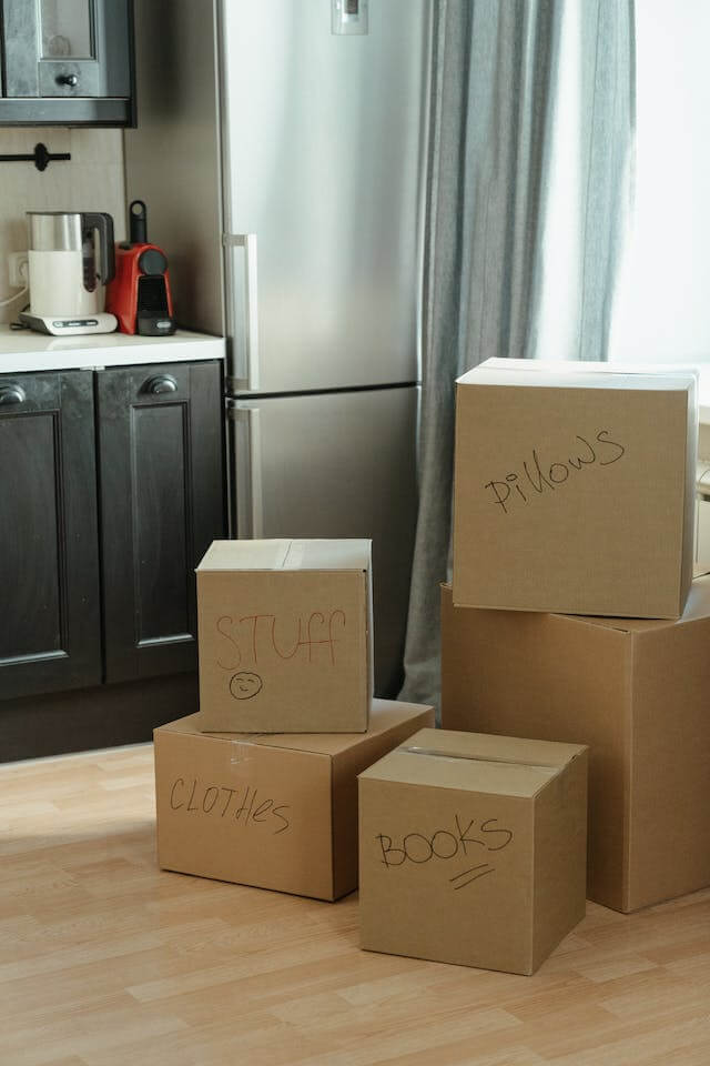 moving boxes with labels. 
