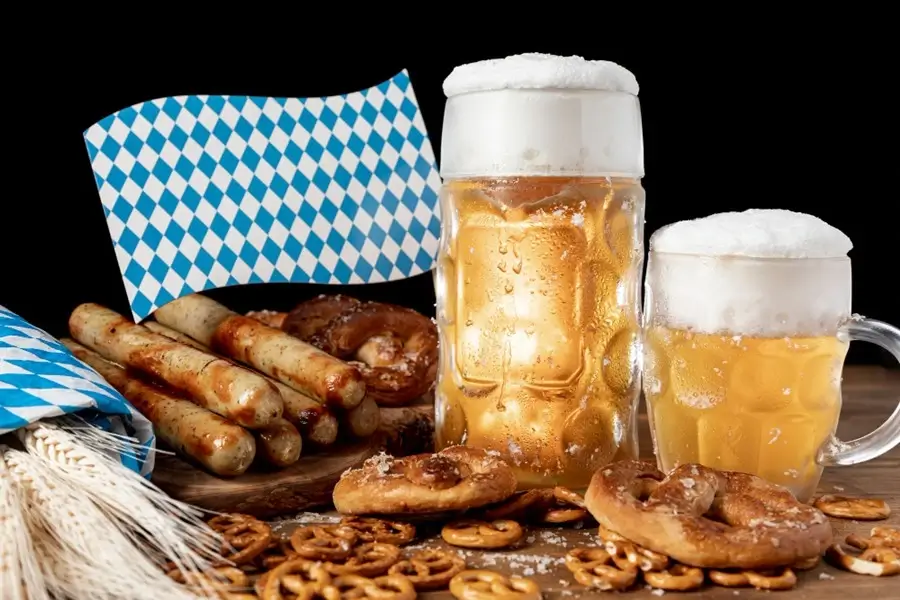 Beer, bratwurst, and pretzels for Oktoberfest.