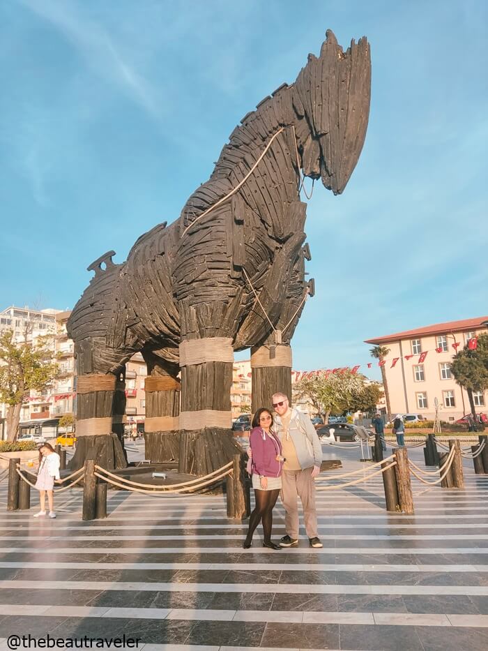 Marya and Sam in front of the Trojan Horse statue in Canakkale, Turkey.