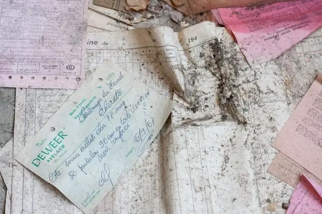 Water-damaged documents and papers scattered on a surface, showing significant water stains and deterioration. Visible items include what appears to be a green delivery receipt or invoice with handwritten notes, along with various other papers in pink and white that have been severely damaged by moisture, causing discoloration, warping, and illegible text.