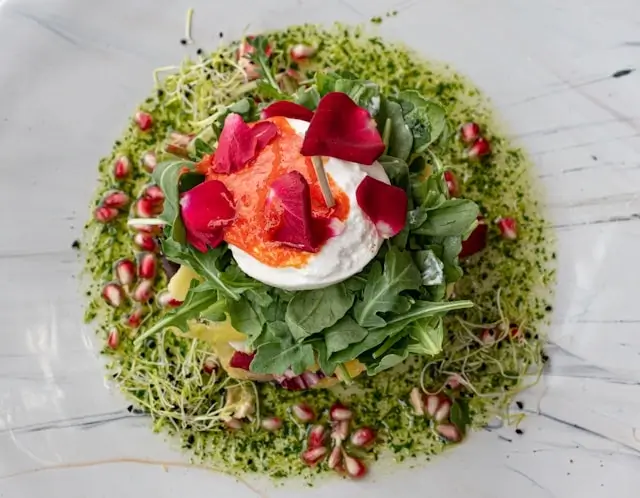 Gourmet Mediterranean salad with burrata, edible flowers, and herbs - upscale Ibiza restaurant cuisine versus Caribbean island dining experiences