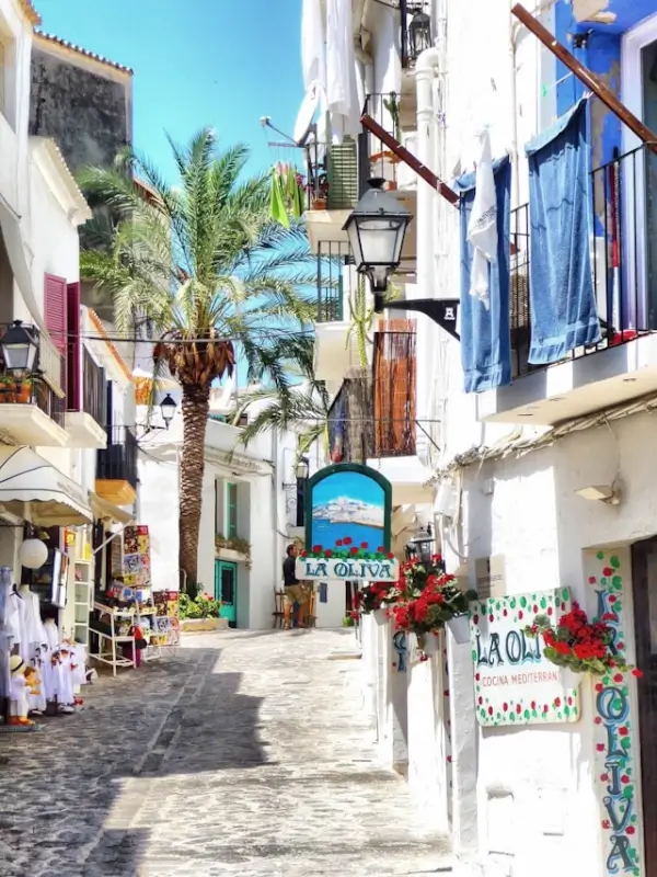 Traditional white-washed streets of Ibiza old town with palm trees, local shops, and Mediterranean architecture - authentic Ibiza atmosphere contrasting with Caribbean island vibes