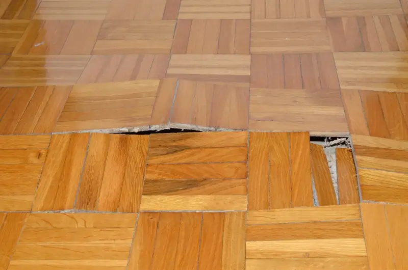 Water damaged hardwood parquet floor showing warped and buckled wood planks needing restoration