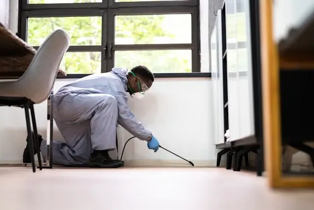 Professional pest control technician in white protective suit, safety goggles, and blue gloves kneeling on office floor while spraying treatment along baseboards. The worker is positioned near large windows in a bright commercial space with office furniture visible in the background.