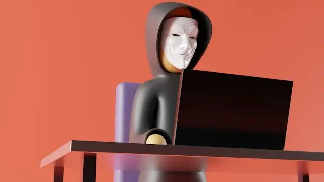 Person wearing white mask while using laptop computer illustrating anonymous online romance scammers with fake identities
