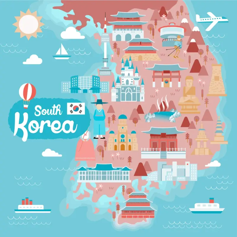 Colorful illustrated travel map of South Korea featuring iconic landmarks including traditional Korean temples, modern Seoul skyline, mountains, and cultural attractions with South Korean flag, ideal for travelers learning basic Korean language