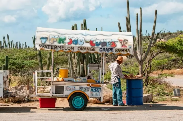 Local Caribbean fruit vendor selling fresh tropical smoothies with cactus landscape - authentic Caribbean street food culture versus Ibiza dining scene