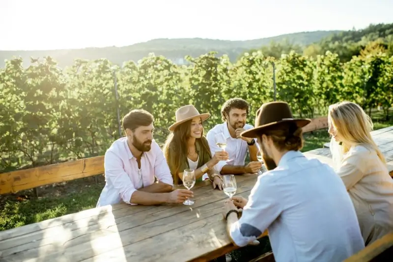Group of friends enjoying wine tasting at a rustic wooden table overlooking vineyard rows in warm golden sunlight