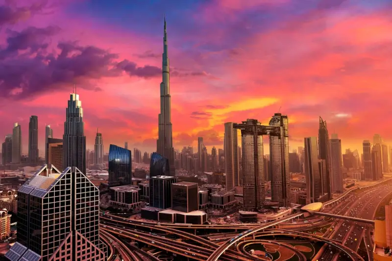 Dubai skyline at sunset featuring Burj Khalifa and modern skyscrapers, representing the thriving business environment for company setup in Dubai