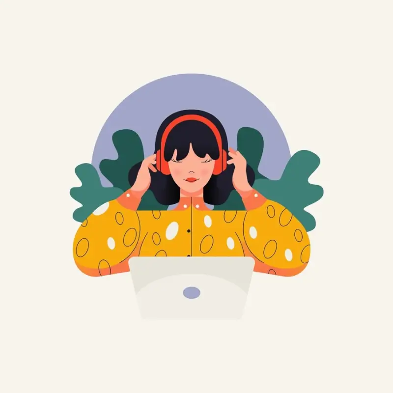 An illustration of digital nomad woman working remotely on laptop while wearing headphones, illustrating work-life balance and remote work productivity