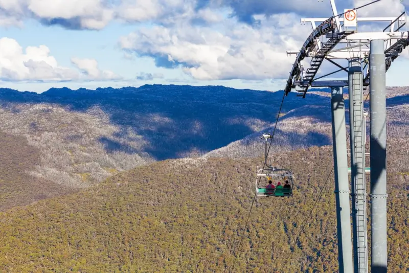 Thredbo village chairlift carrying passengers over expansive Snowy Mountains landscape with rolling hills and eucalyptus forest under cloudy blue sky