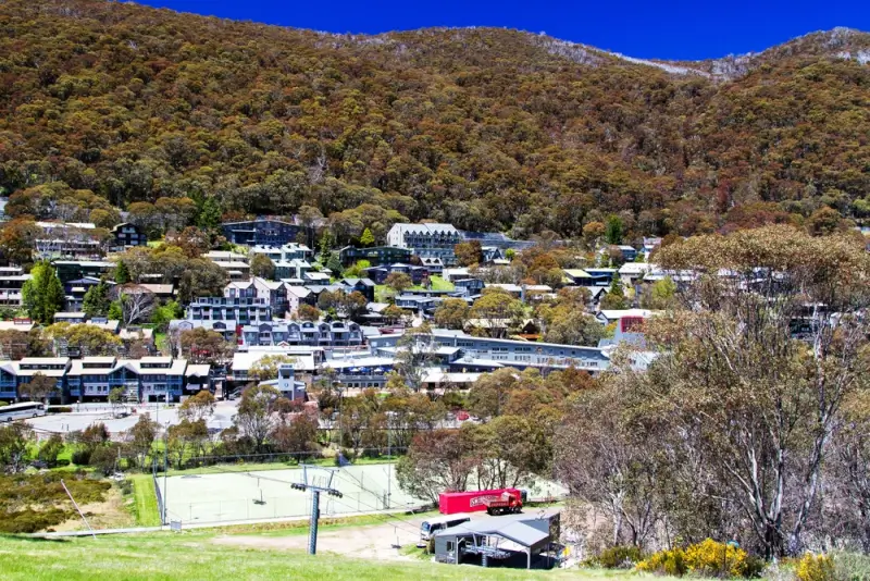 Thredbo village Australia nestled in autumn mountain valley with colorful lodges, chalets and accommodations surrounded by golden eucalyptus forest"