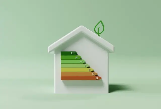 White house model with energy efficiency rating chart and green leaf symbol representing sustainable hospitality and tourism practices and environmental responsibility