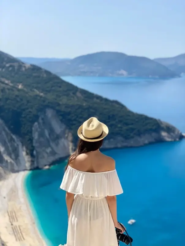 Woman in white dress and hat overlooking stunning coastal landscape perfect for travel classes and learning experiences