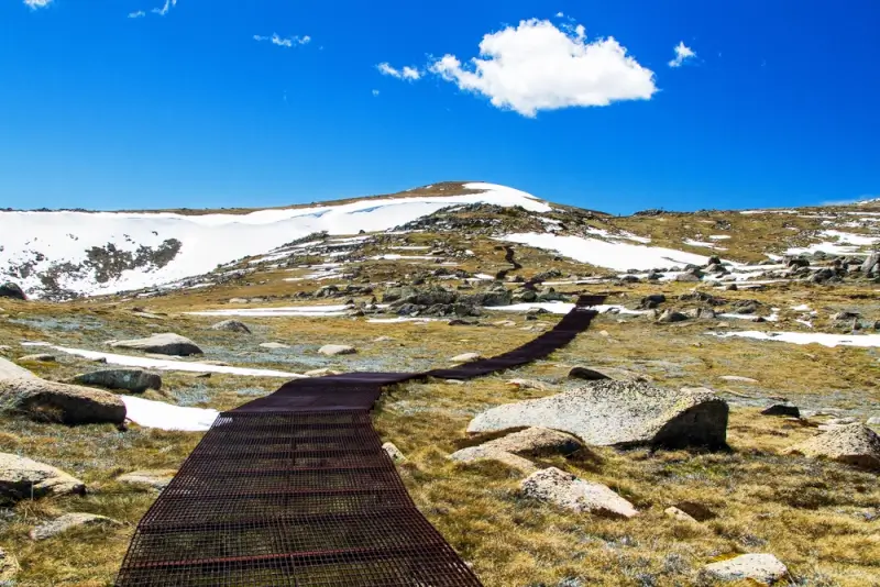 Kosciuszko summit walk boardwalk trail near Thredbo leading through alpine terrain with snow patches and mountain vegetation under blue sky