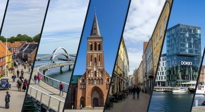 Denmark travel destinations collage showing colorful Nyhavn houses, Infinite Bridge in Aarhus, Gothic cathedral, pedestrian street, and modern DOKK1 library building