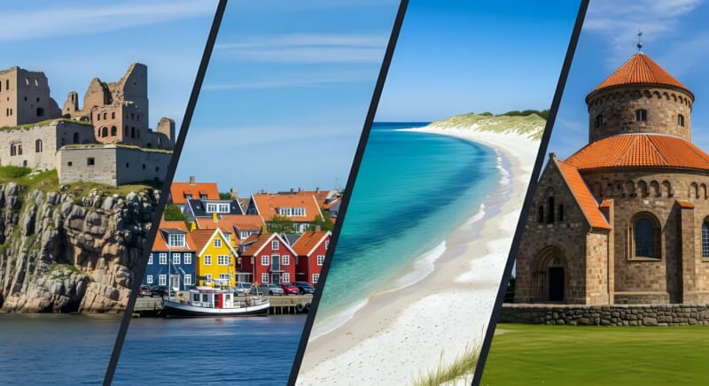 Bornholm Island Denmark attractions: Hammershus Castle ruins, colorful Gudhjem fishing village, Dueodde white sand beach, and medieval round church