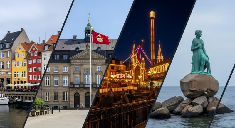 Copenhagen Denmark landmarks: colorful Nyhavn harbor houses, illuminated Tivoli Gardens amusement park at night, and Little Mermaid statue by the sea