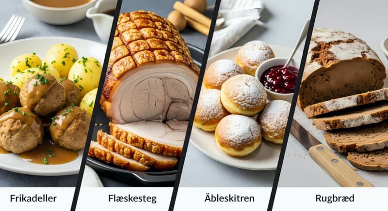 Traditional Danish cuisine: Frikadeller meatballs with potatoes, Flæskesteg roast pork with crispy crackling, Æbleskiver round pancakes, and dense Rugbrød rye bread