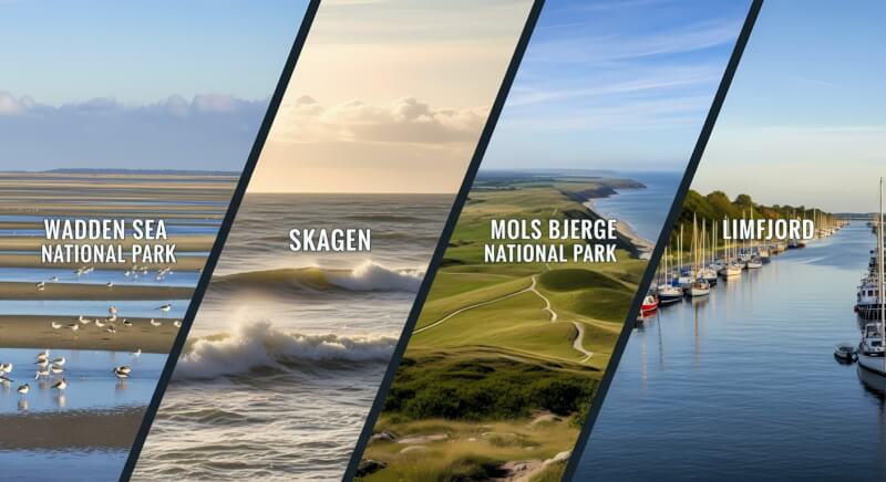 Jutland Denmark natural highlights: Wadden Sea National Park with migratory birds, Skagen where two seas meet, Mols Bjerge National Park rolling hills, and Limfjord waterway with sailing boats