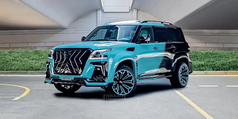 Turquoise blue luxury SUV with black roof and premium alloy wheels in Dubai parking area
