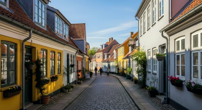 Odense Denmark historic cobblestone street with colorful half-timbered houses and flower boxes, Hans Christian Andersen's fairy-tale birthplace
